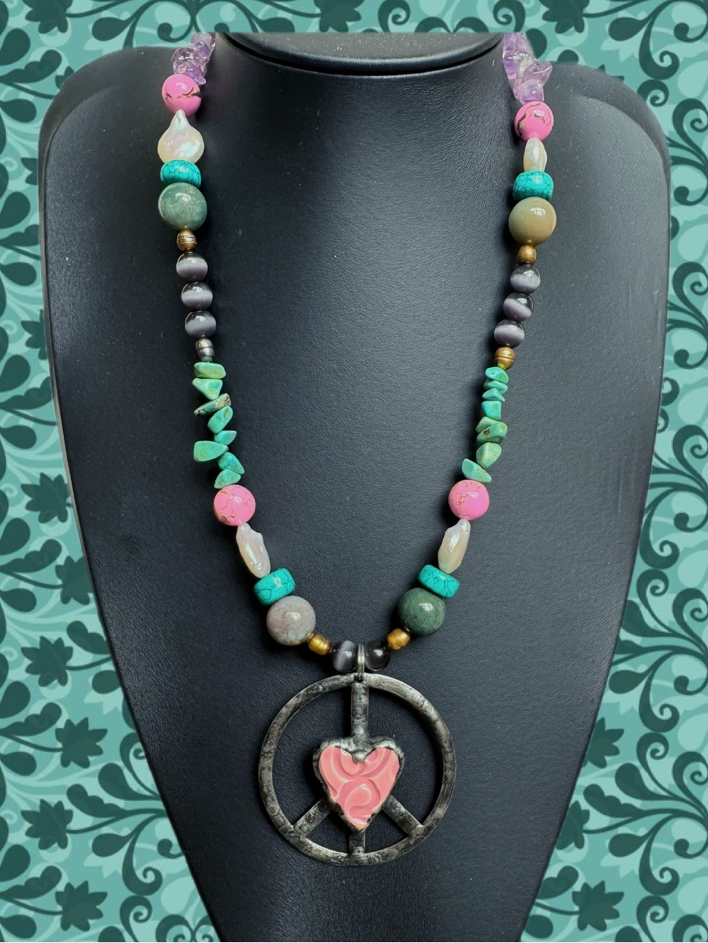 Artisan Pink & Turquoise Heart Peace Pendant Necklace